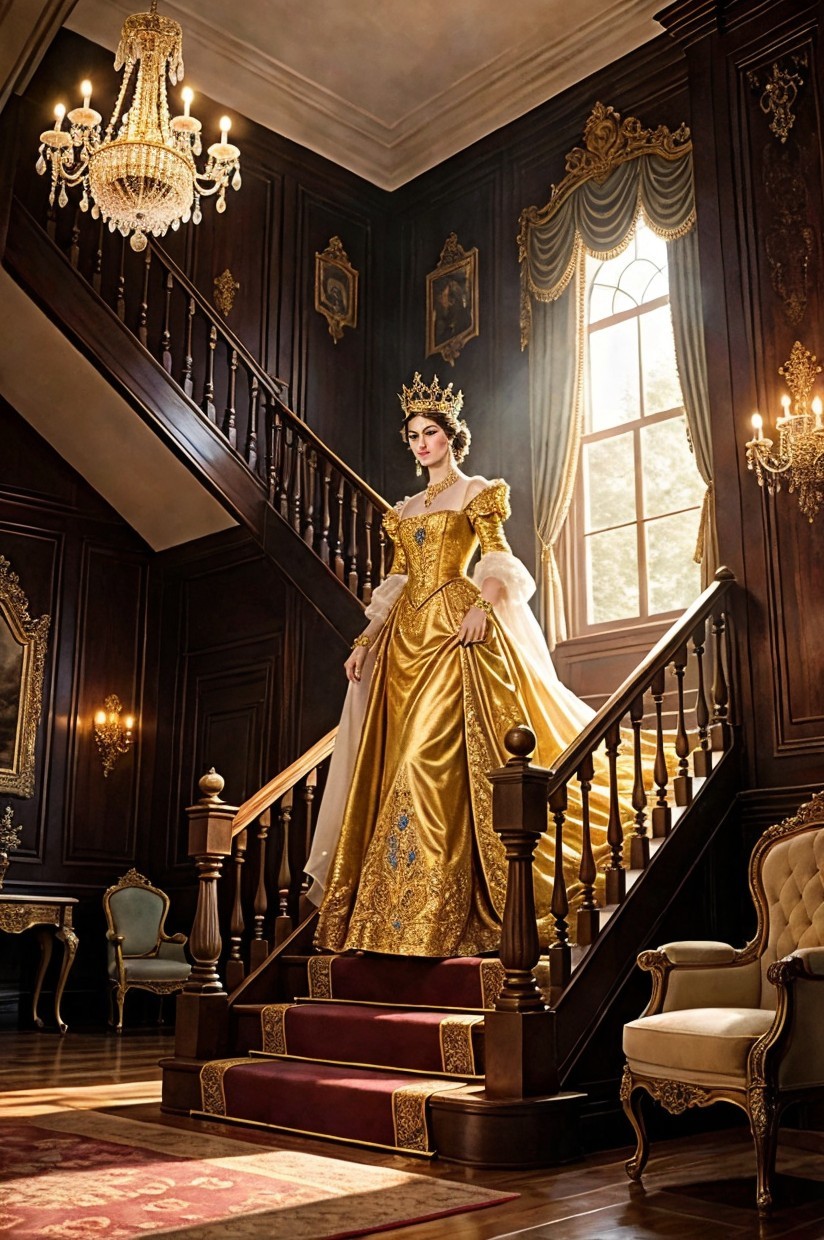 Regal Figure on Ornate Staircase in Golden Gown