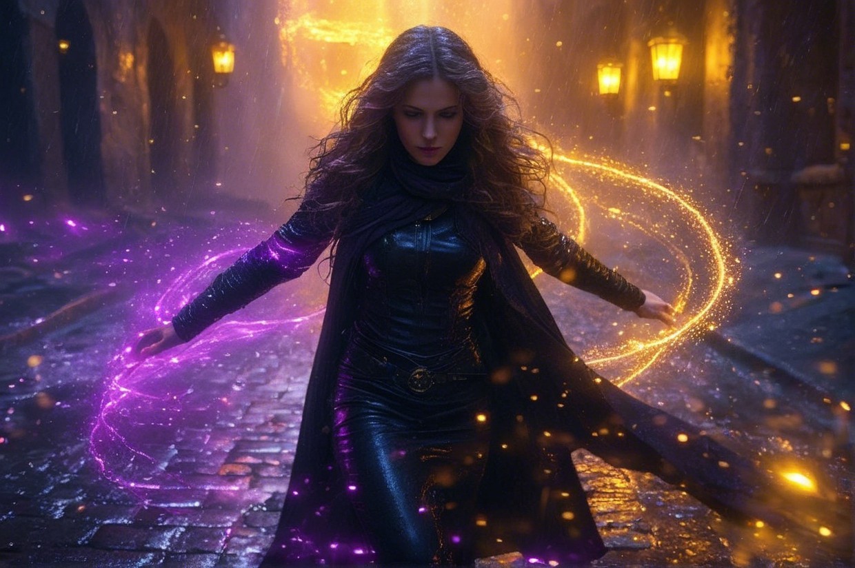 Woman in black with magical energy on cobblestone street