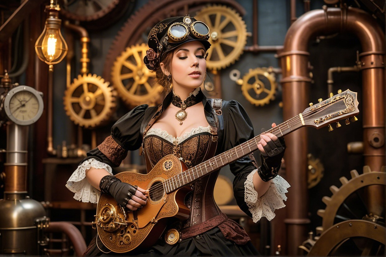 Steampunk Woman Playing Decorative Guitar with Gears