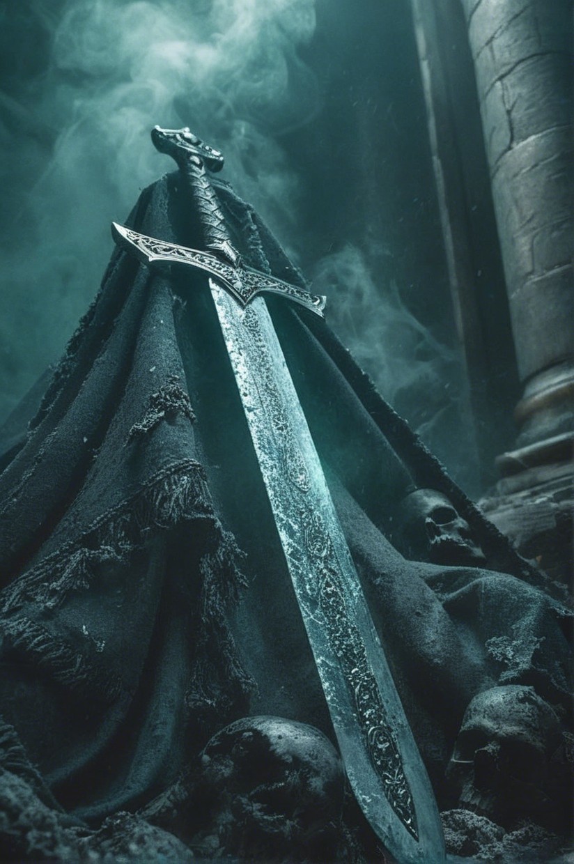 Intricate Sword on Dark Cloth with Eerie Skulls