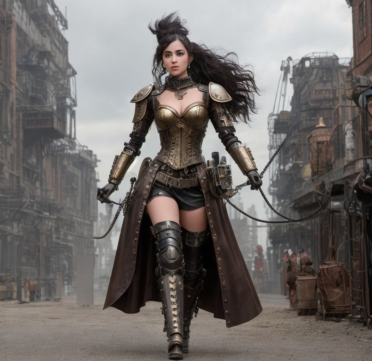 Fierce Female Figure in Steampunk Armor in Industrial Setting