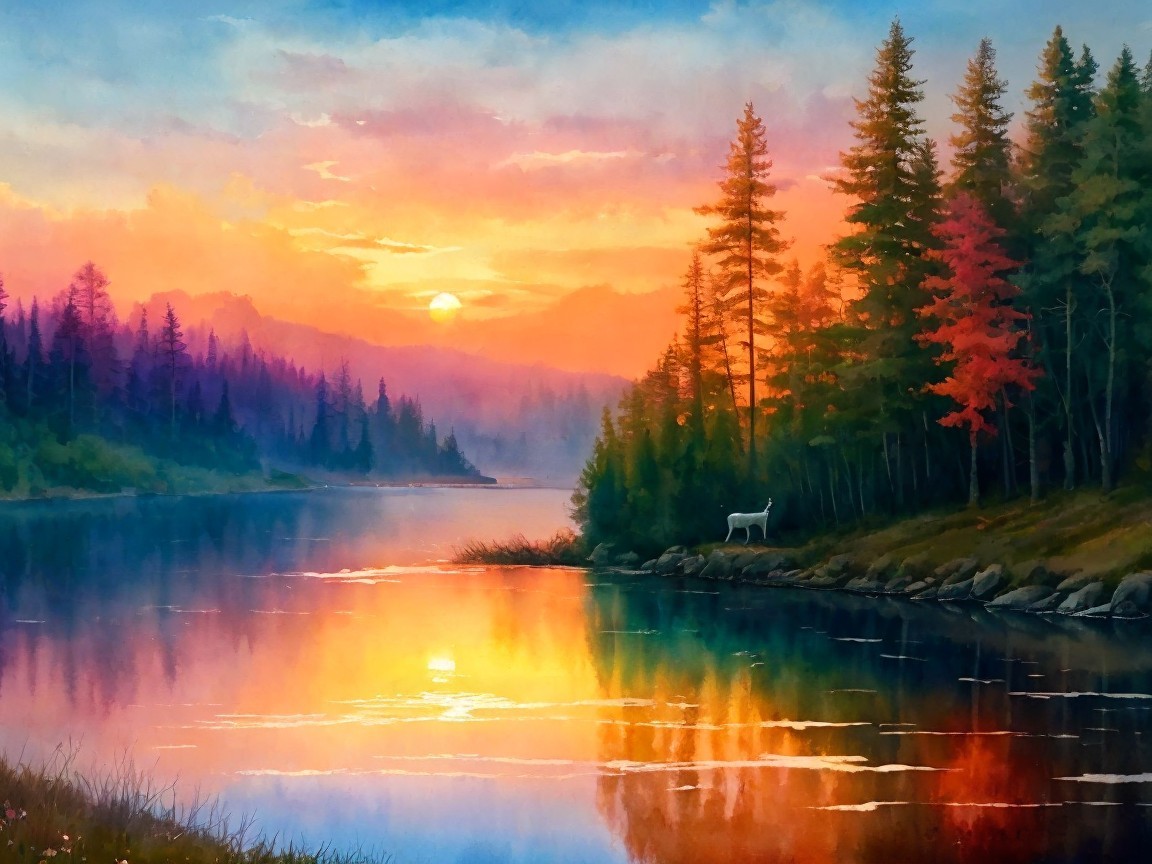 Serene Sunset Landscape with Vibrant Colors and Deer