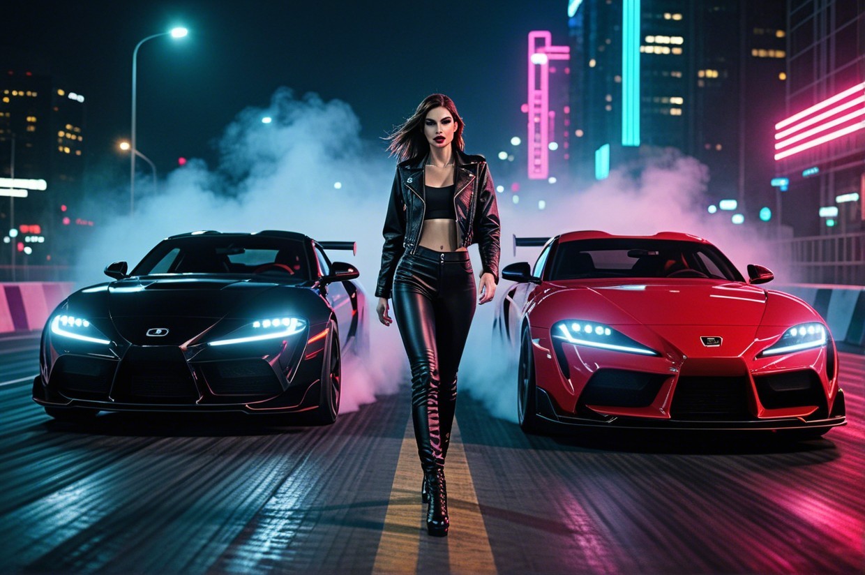 Confident Woman in Neon Urban Setting with Sports Cars