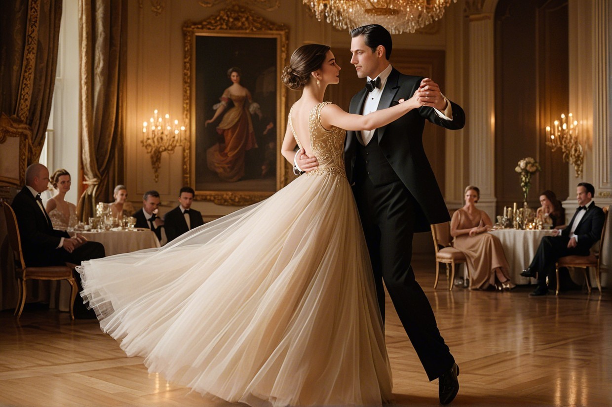 Elegant ballroom dance scene with formal attire and decor