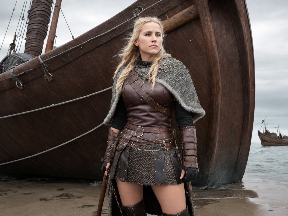Warrior on Beach by Wooden Ship in Rugged Armor