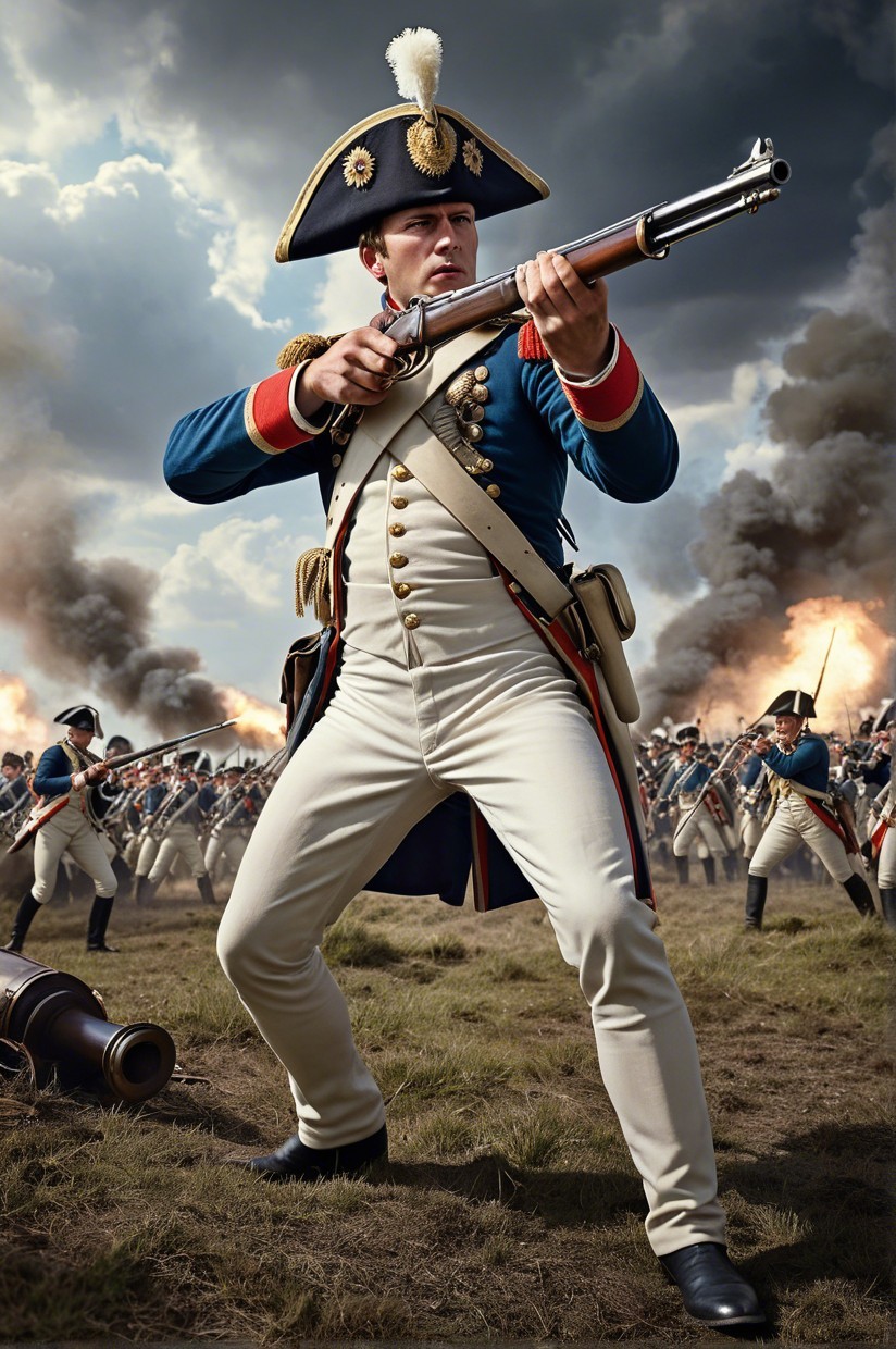 Historic Soldier in Uniform with Musket on Battlefield