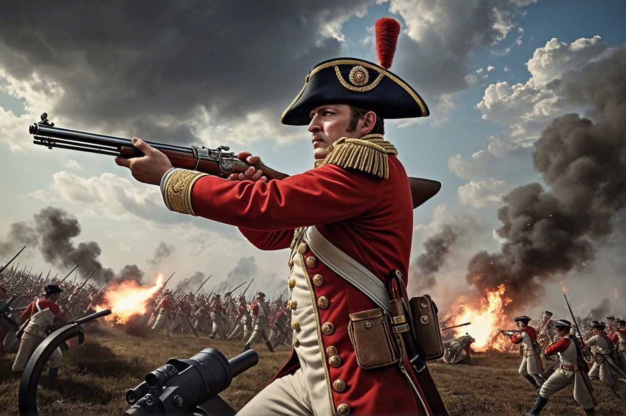 Soldier in Red Uniform Aiming Musket on Battlefield