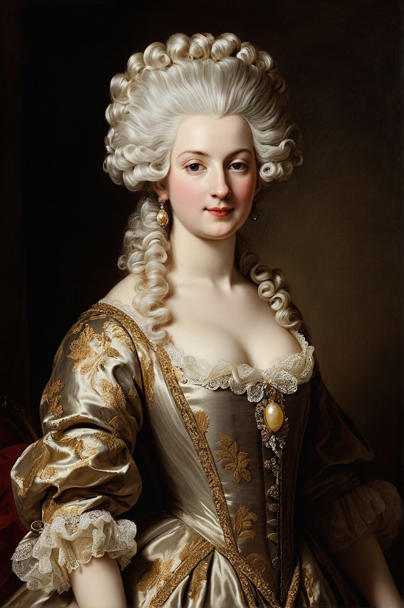 Elegant Portrait of Woman in Gold Gown with Curly Hair
