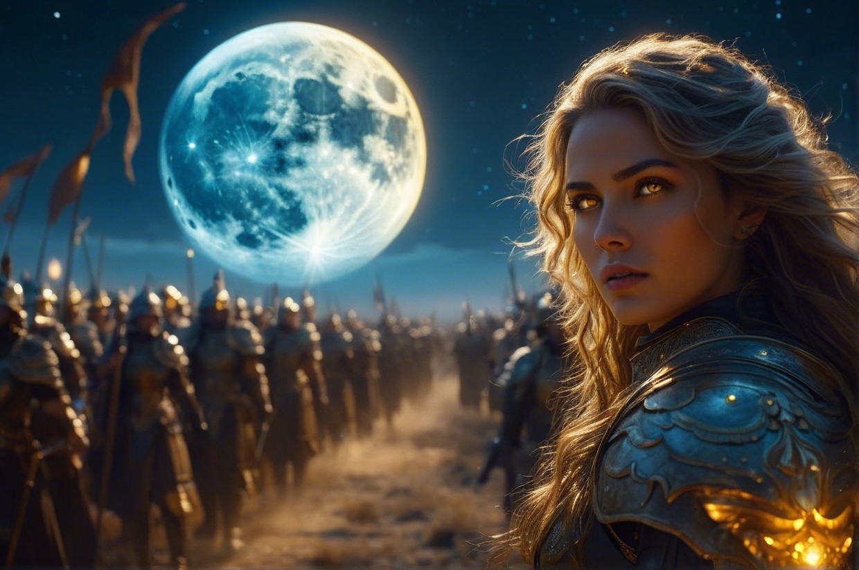Warrior Woman and Soldiers in Moonlit Battle Scene