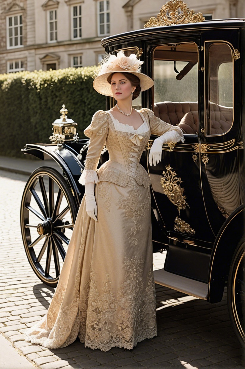 Elegant Woman in Vintage Gown by Horse-Drawn Carriage