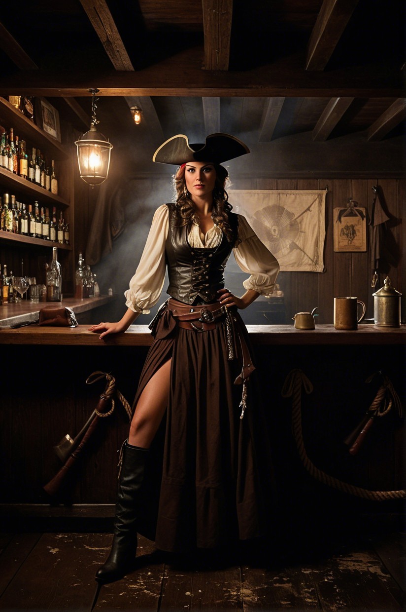 Confident Female Pirate in Dimly Lit Tavern Setting