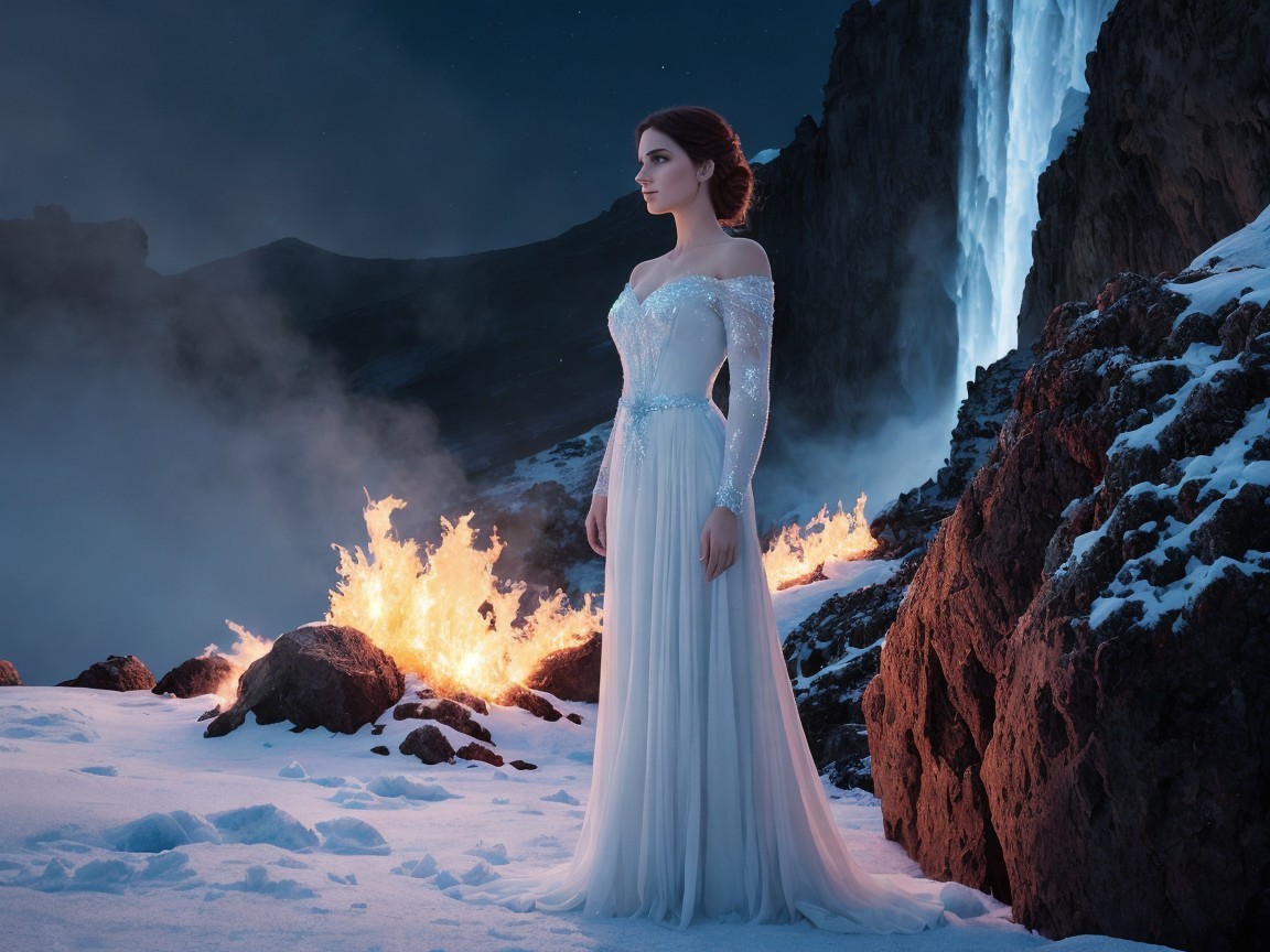 Woman in White Dress by Waterfall and Flames