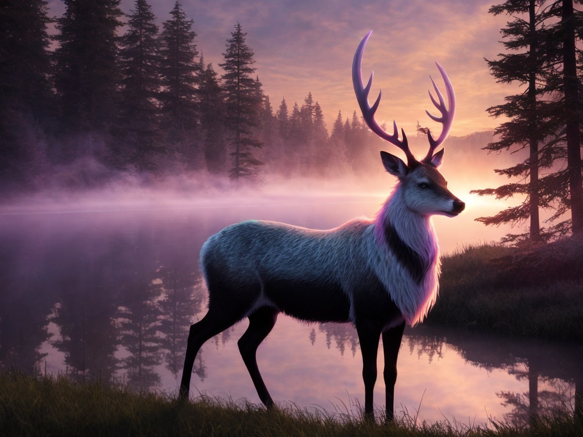 Majestic deer by tranquil lake at dawn with mist