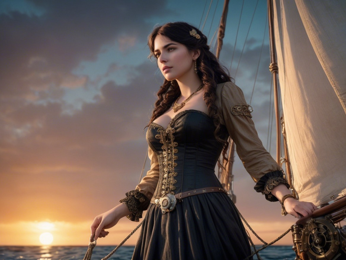 Young Woman in Vintage Pirate Attire at Sunset on Ship
