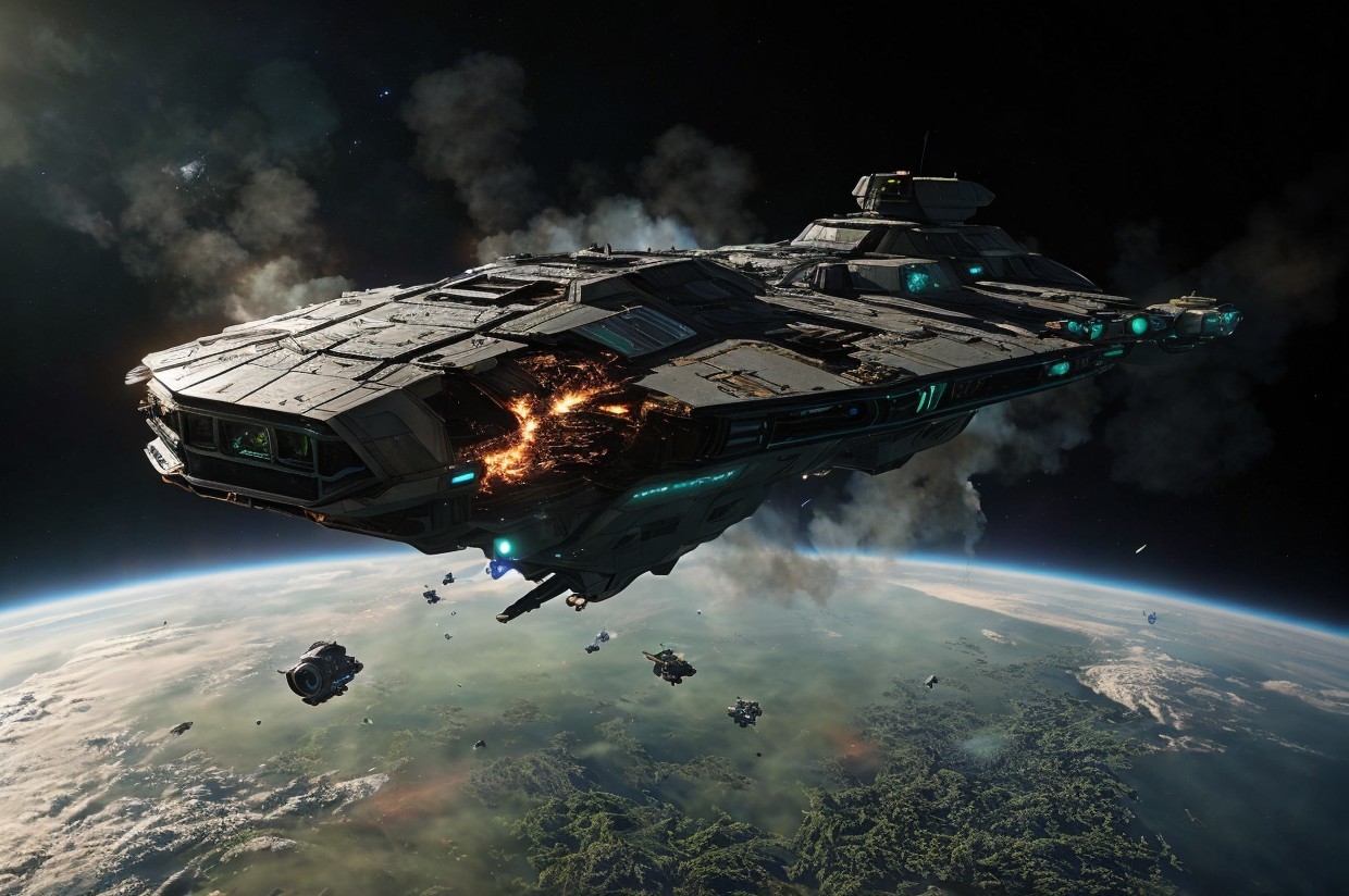 Futuristic Damaged Spaceship in Space with Earth Background
