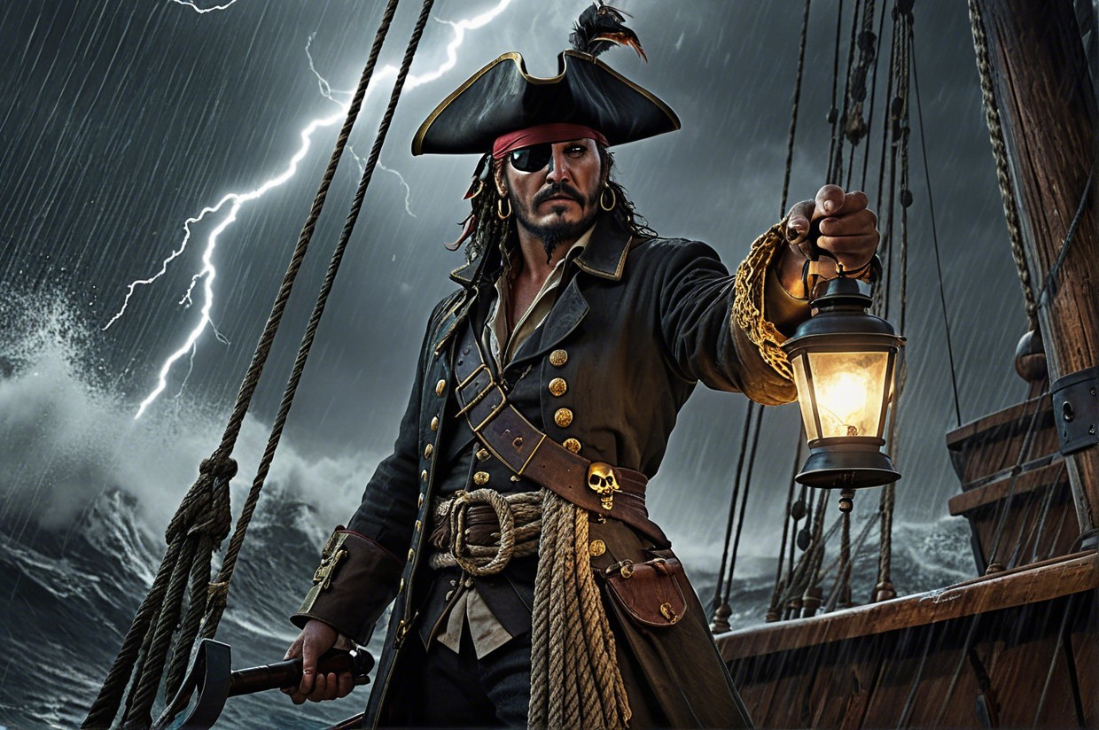 Rugged Pirate at Ship Helm Amidst Stormy Sea