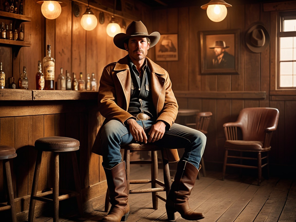 Cowboy in Rustic Saloon with Vintage Decor