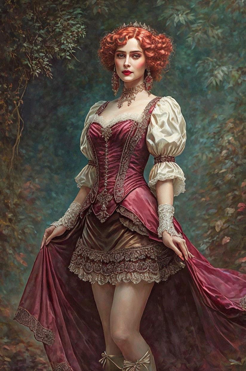 Regal Woman in Rich Burgundy and Cream Costume