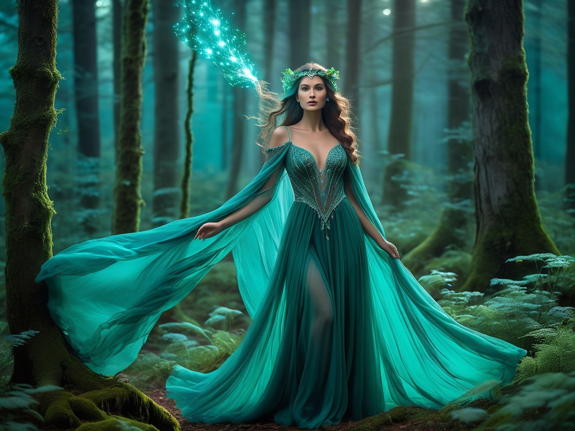 Mystical Forest Scene with Woman in Turquoise Gown