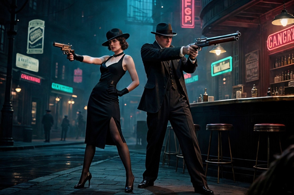Vintage Speakeasy Scene with Stylish Characters and Guns