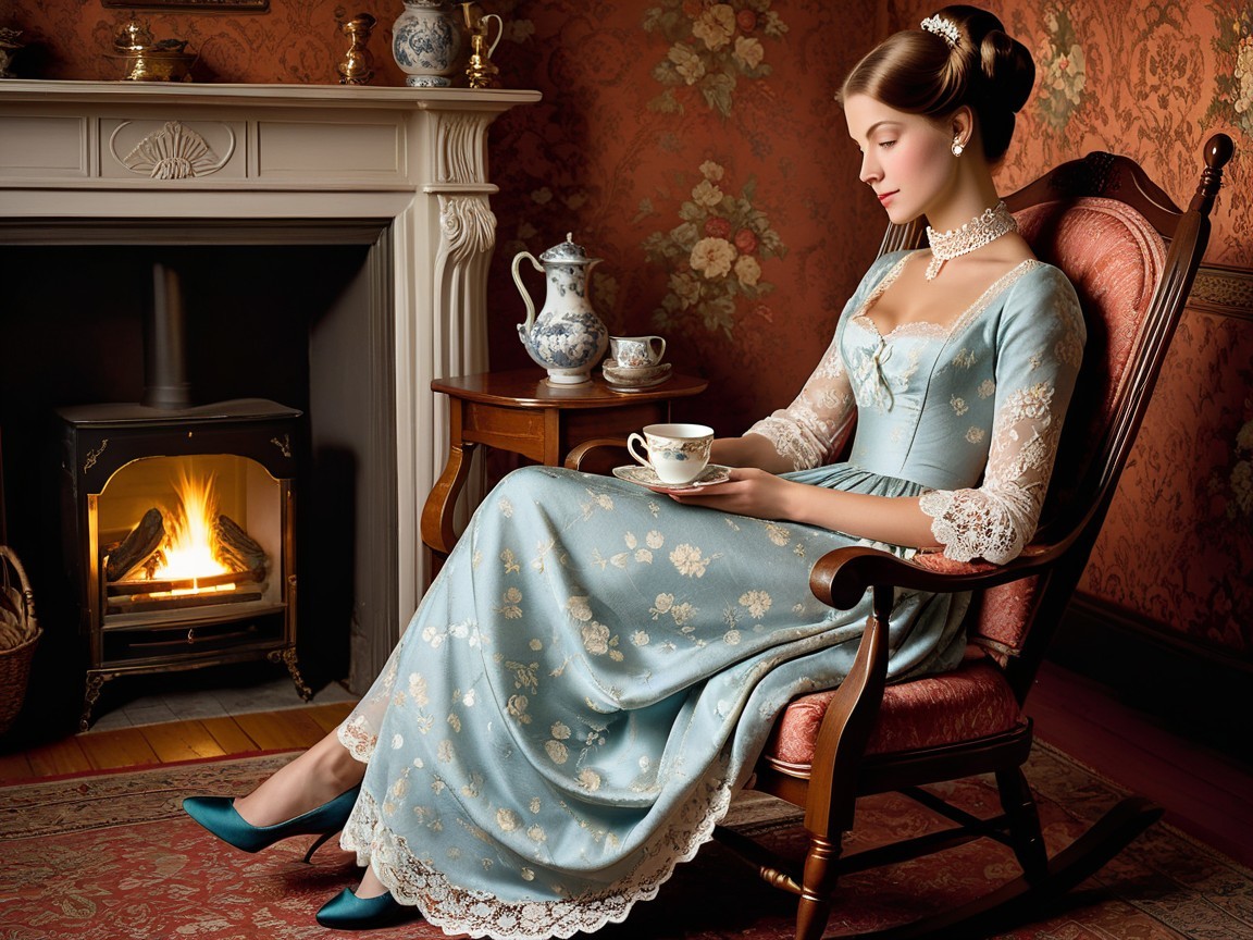 Vintage Woman in Floral Gown Relaxing by Fireplace
