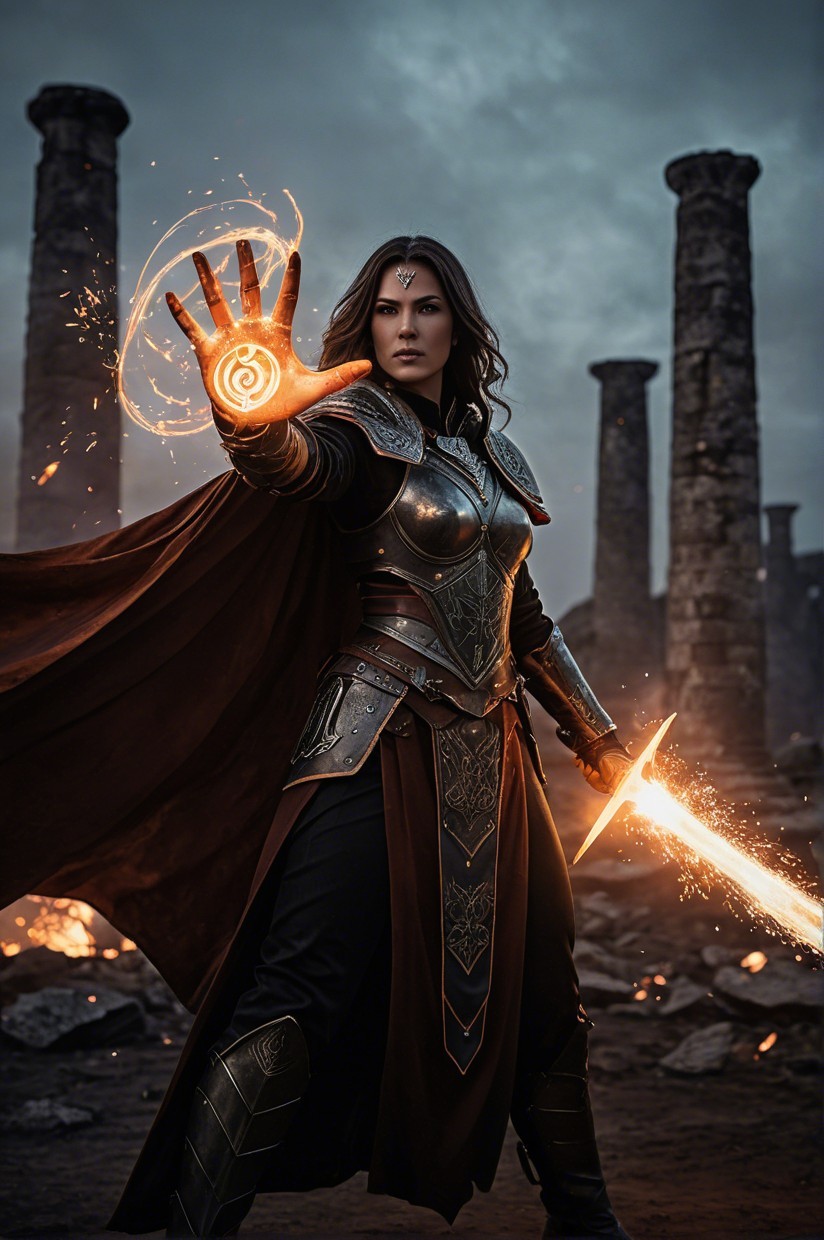 Fierce Female Warrior in Dramatic Landscape with Armor