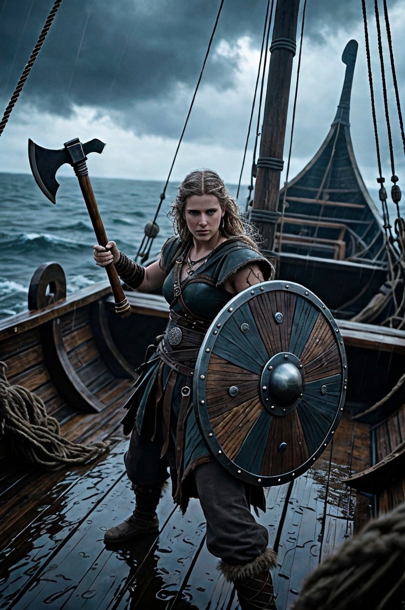 Viking Warrior on Ship with Axe and Shield in Stormy Sea
