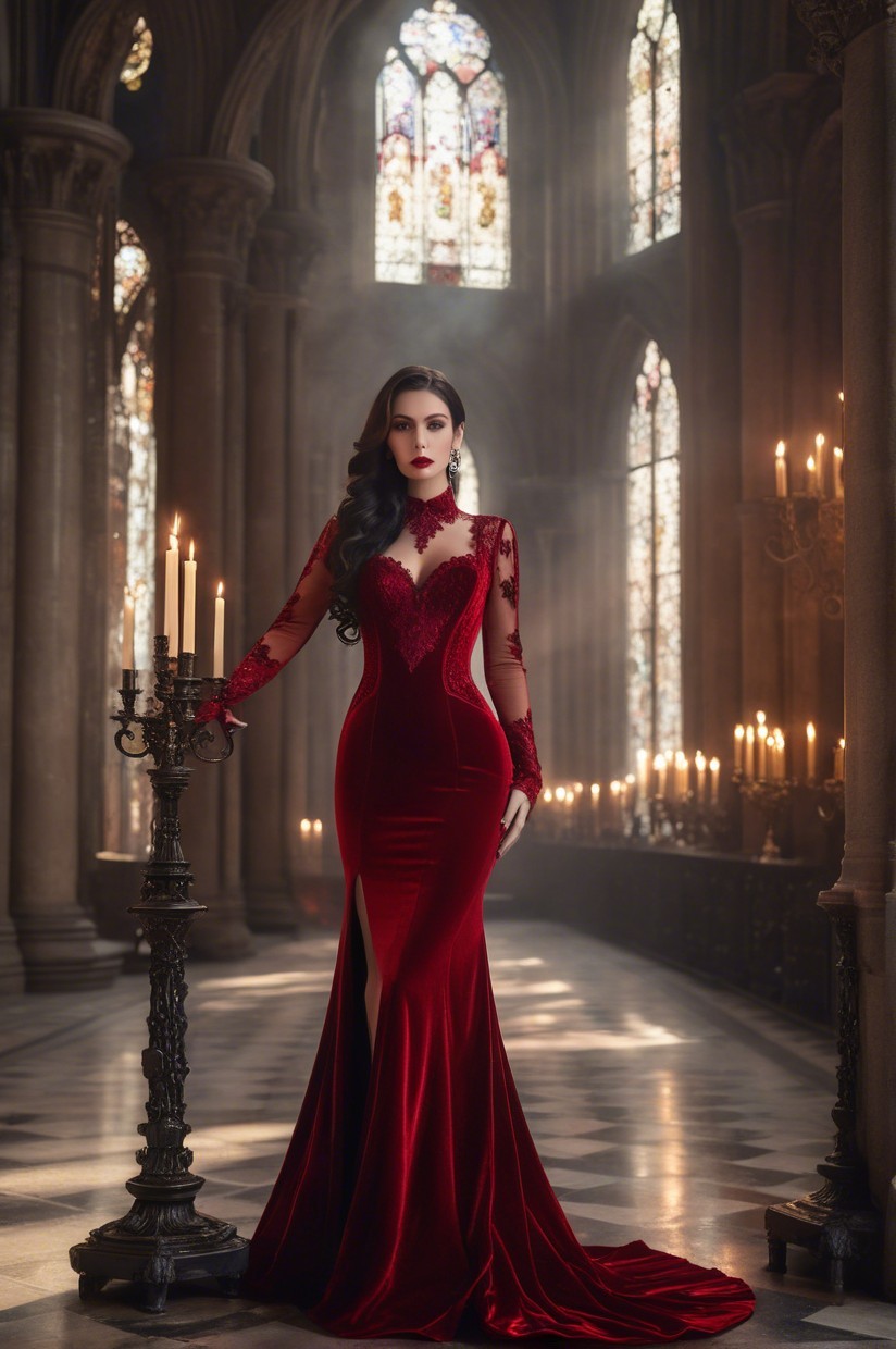 Elegant Woman in Red Velvet Gown in Gothic Cathedral