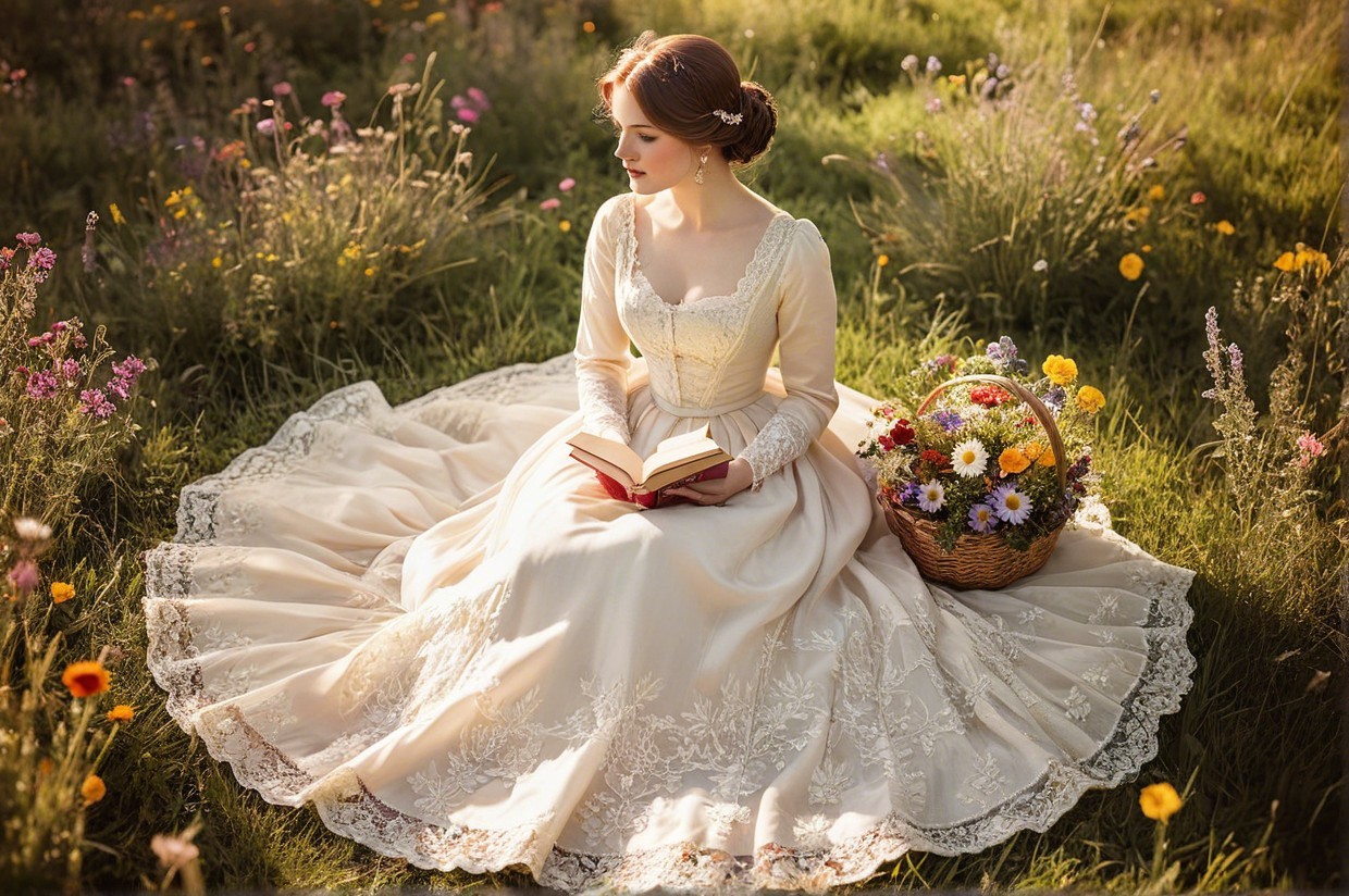 Young Woman in Vintage Gown on Lush Meadow
