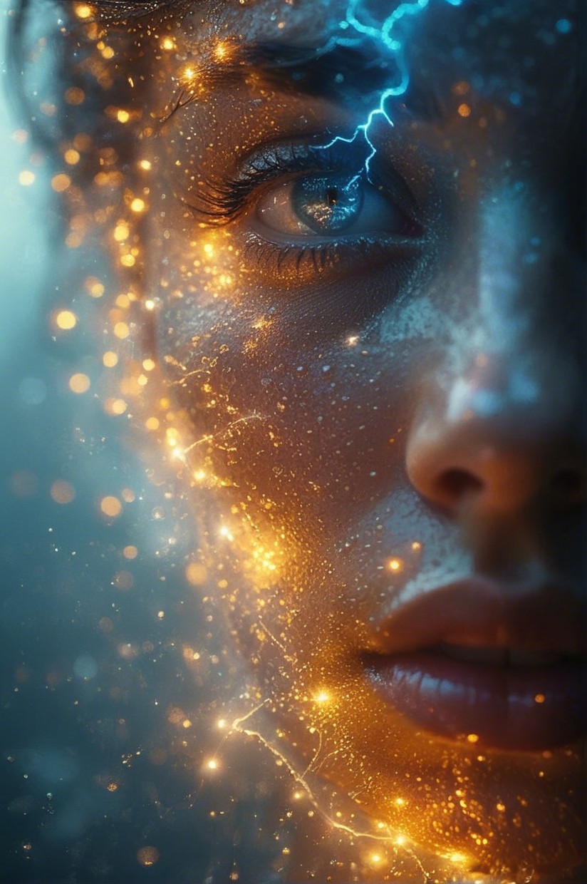 Close-Up of Woman's Face with Cosmic Lighting Effects