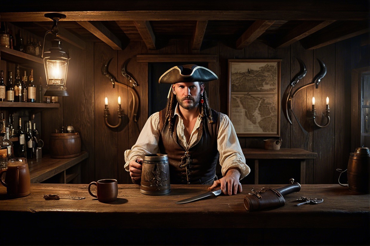 Rugged Pirate in Dimly Lit Tavern Setting