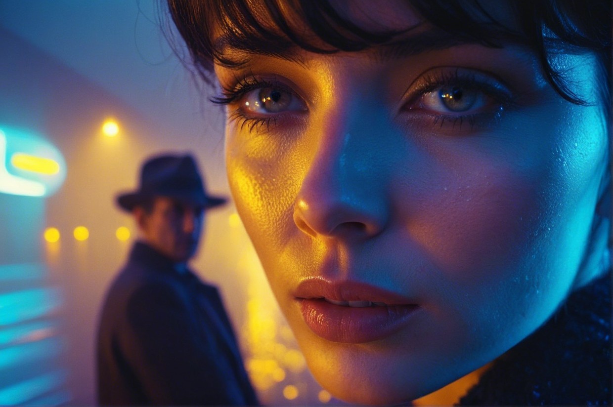 Close-up of a Woman in Neon-lit Cinematic Setting