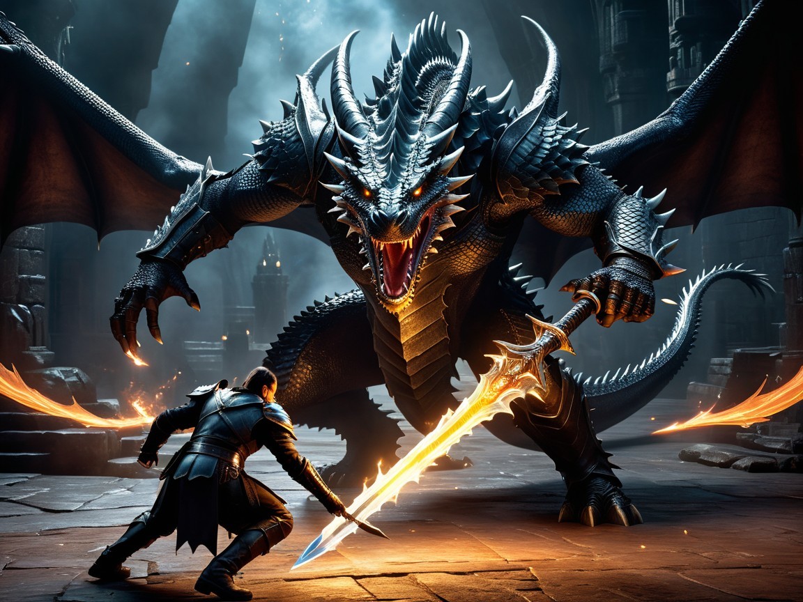 Dragon and Warrior Prepare for Epic Battle in Hall