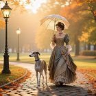 Victorian Woman in Autumn Park with Greyhound