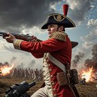 Soldier in Red Uniform Aiming Musket on Battlefield