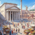 Ancient Roman Square with Market and Temple Features