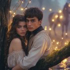Children in a misty forest with glowing fairy lights