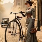 Vintage Dress and Penny-Farthing on Cobblestone Street