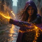Young Woman Casting Spell in Mystical Alley