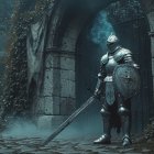 Knight in Armor in Misty Ancient Courtyard