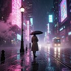 Solitary Figure in Futuristic Neon Cityscape