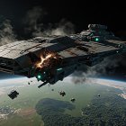 Futuristic Damaged Spaceship in Space with Earth Background
