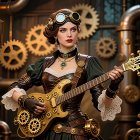 Steampunk Woman Playing Decorative Guitar with Gears