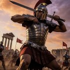 Roman Soldier in Ornate Armor Amidst Ancient Warfare