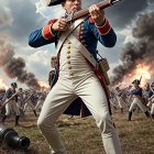Historic Soldier in Uniform with Musket on Battlefield