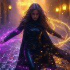 Woman in black with magical energy on cobblestone street