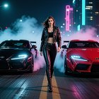 Confident Woman in Neon Urban Setting with Sports Cars