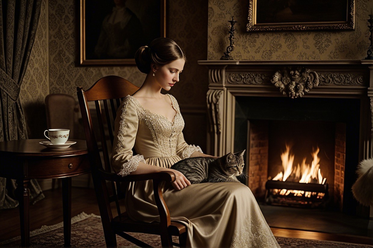Elegant Room with Woman, Cat, and Fireplace