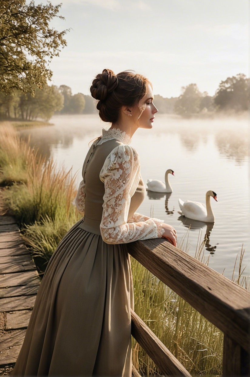 Young Woman in Vintage Gown by Serene Lake
