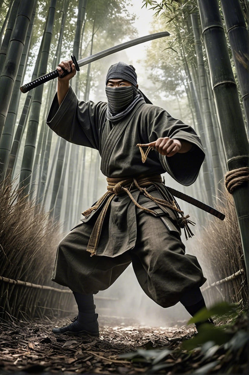 Ninja in Bamboo Forest with Katana and Mist